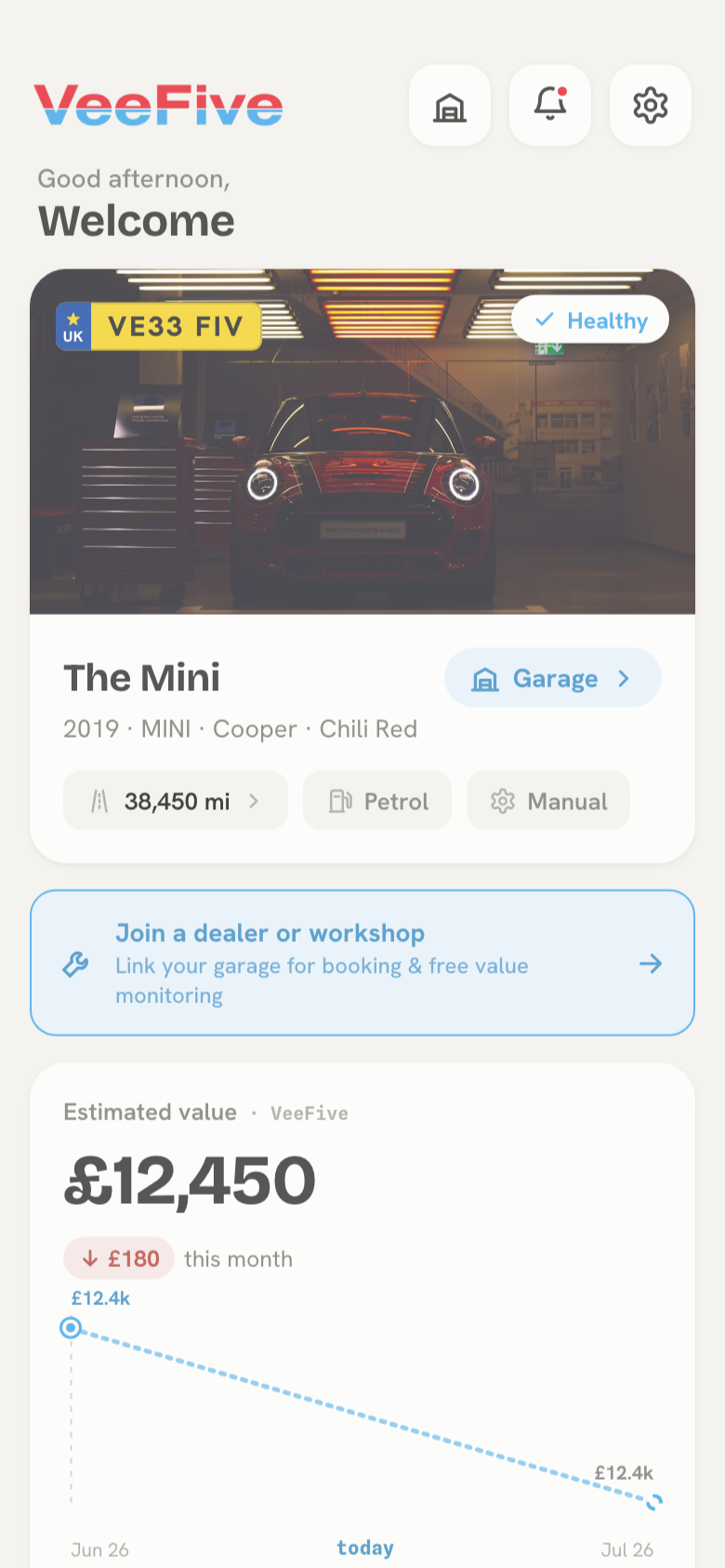 The real VeeFive dashboard showing the fictional registration VE33 FIV, vehicle value and MOT reminder
